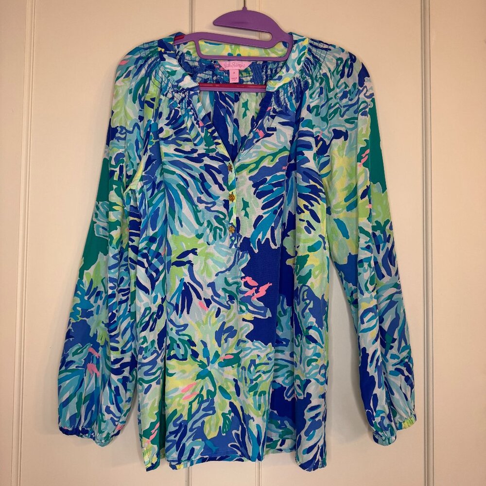 Lilly Pulitzer Womens Elsa 100% Silk Top Blouse Blue Green Wade and See Size M